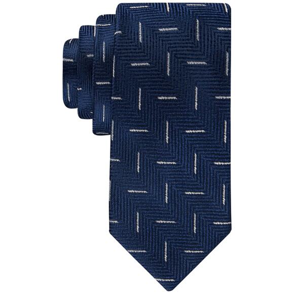 Tommy Hilfiger Men's Herringbone Geo Print Tie Navy Blue White Necktie 14651 - Picture 1 of 1